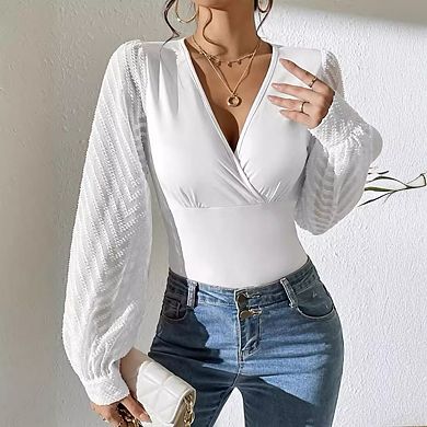 Women's V-Neck Wrap Front Long Sleeve Blouse, Textured Sheer Sleeve Form Fitting Top