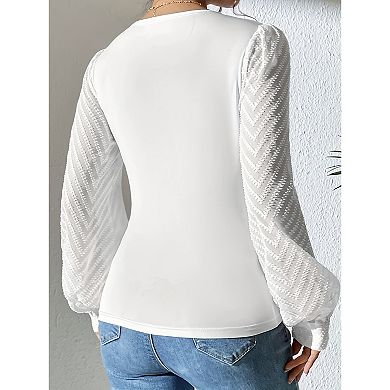 Women's V-Neck Wrap Front Long Sleeve Blouse, Textured Sheer Sleeve Form Fitting Top