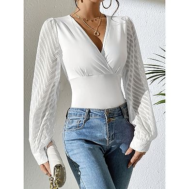 Women's V-Neck Wrap Front Long Sleeve Blouse, Textured Sheer Sleeve Form Fitting Top