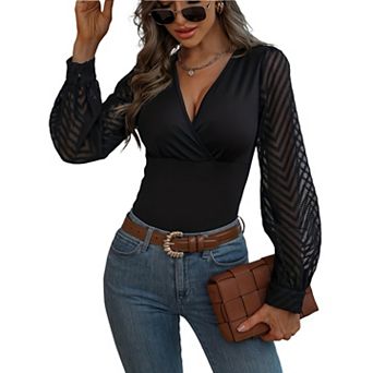 Women's V-Neck Wrap Front Long Sleeve Blouse, Textured Sheer Sleeve Form Fitting Top