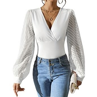 Women's V-Neck Wrap Front Long Sleeve Blouse, Textured Sheer Sleeve Form Fitting Top