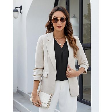 Women's V-Neck 3/4 Sleeve Blouse, Casual Smocked Shoulder Chiffon Top
