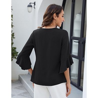 Women's V-Neck 3/4 Sleeve Blouse, Casual Smocked Shoulder Chiffon Top