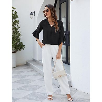 Women's V-Neck 3/4 Sleeve Blouse, Casual Smocked Shoulder Chiffon Top