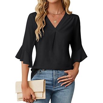 Women's V-Neck 3/4 Sleeve Blouse, Casual Smocked Shoulder Chiffon Top