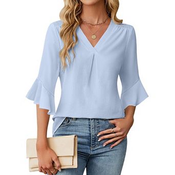 Women's V-Neck 3/4 Sleeve Blouse, Casual Smocked Shoulder Chiffon Top