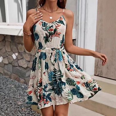 Women Sleeveless V-Neck Boho Floral Flowy Sundress with Adjustable Belt