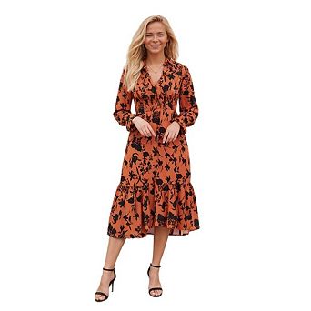 Women Casual Long Sleeve V Neck Floral Boho Wedding Guest Midi Dress