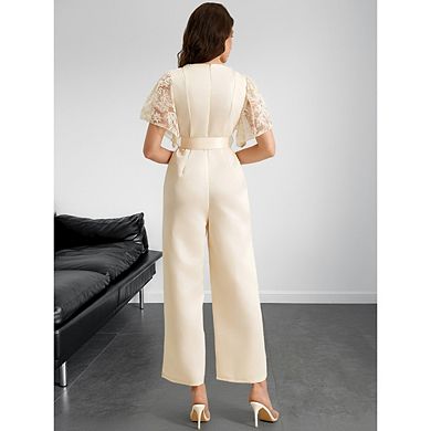 Womens Short Sleeve Tie Knot Front Wide Leg Jumpsuits