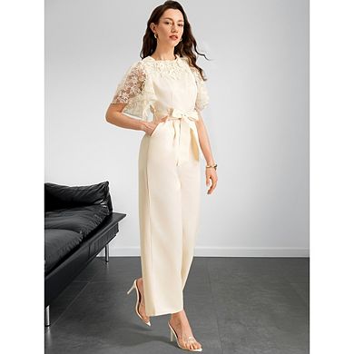 Womens Short Sleeve Tie Knot Front Wide Leg Jumpsuits