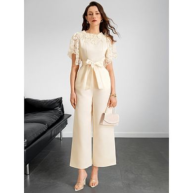 Womens Short Sleeve Tie Knot Front Wide Leg Jumpsuits
