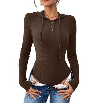 Women Long Sleeve Henley Bodysuit Button Tight Slim Fitted Going Out Tees