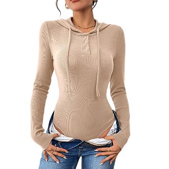 Women Long Sleeve Henley Bodysuit Button Tight Slim Fitted Going Out Tees