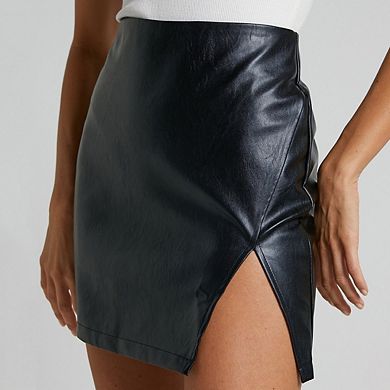 Women's Faux Leather Wrap Skorts Elastic High Waisted PU A-Line Skirts