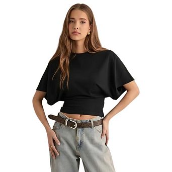 Women Short Sleeve Crew Neck Cinched Waist Cropped Tops Loose Going Out Tee Shirts