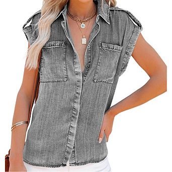 Women's Casual Distressed Button Down Sleeveless Denim Jean Vest