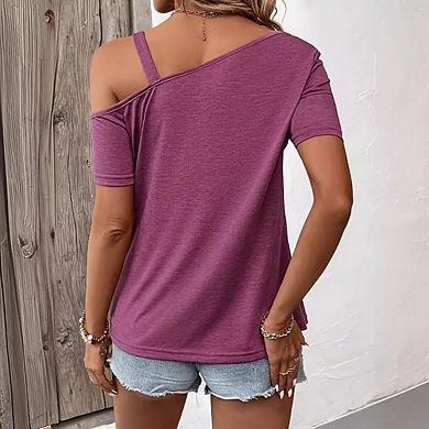 Womens Off Shoulder Casual Cute Short Sleeve Loose Fit T Shirts