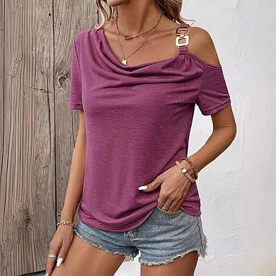 Womens Off Shoulder Casual Cute Short Sleeve Loose Fit T Shirts