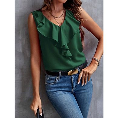 Women's Ruffle V Neck Sleeveless Blouse Casual Flowy Tank Top