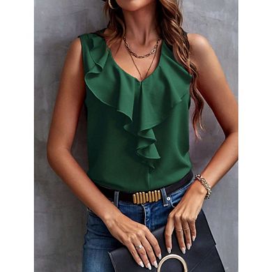 Women's Ruffle V Neck Sleeveless Blouse Casual Flowy Tank Top