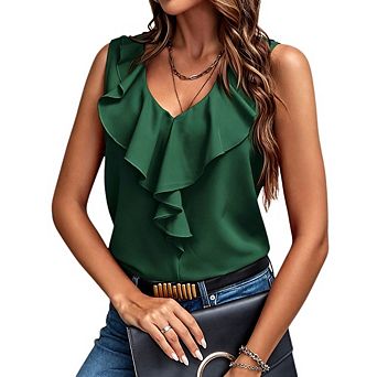 Women's Ruffle V Neck Sleeveless Blouse Casual Flowy Tank Top