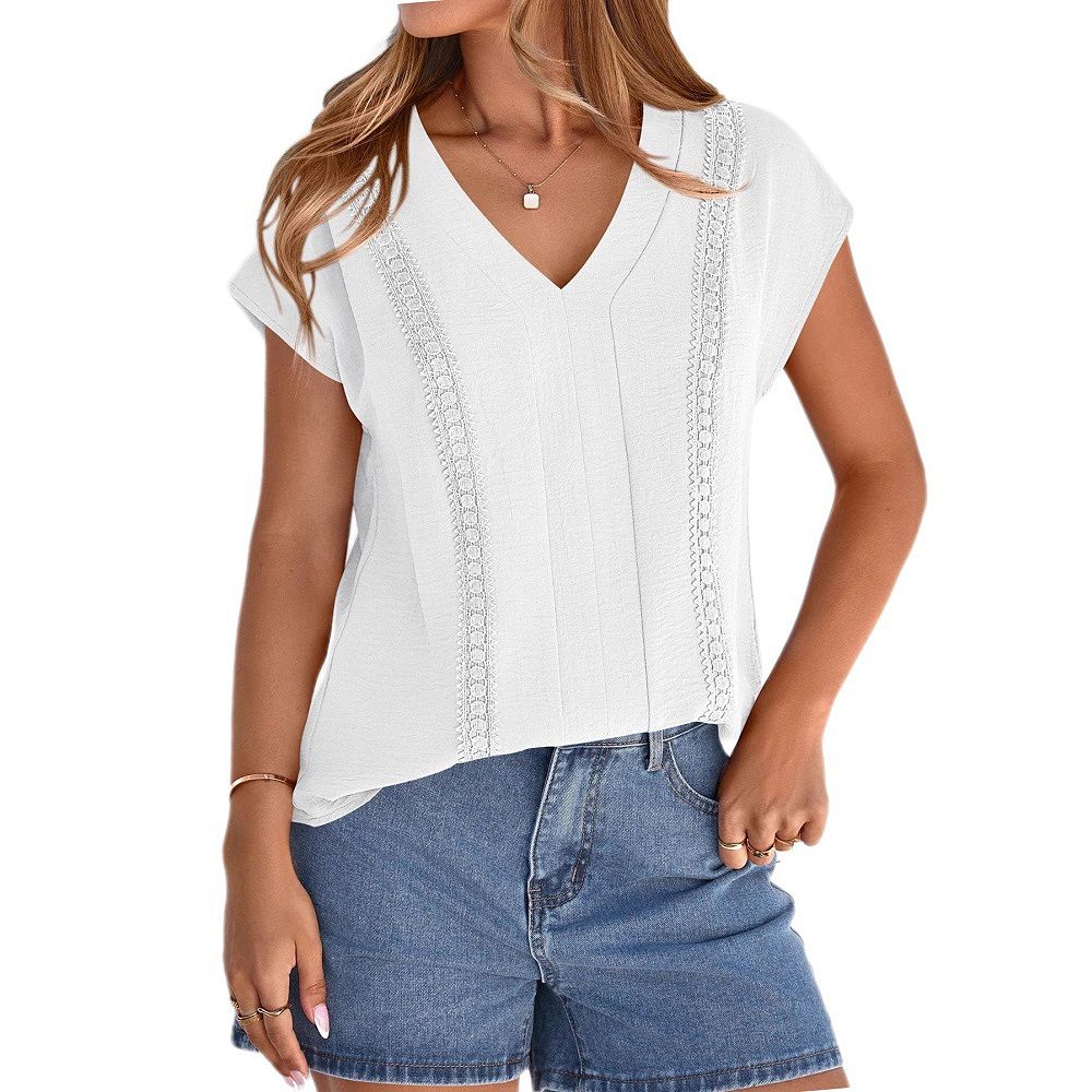 Women's V Neck Lace Trim Cap Sleeve Blouse Loose Fit Casual Top