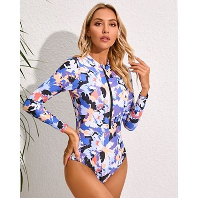 Women's Abstract Print Long Sleeve One Piece Swimsuit Half Zip Rash Guard