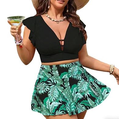 Women's Plus Size 2-Piece Swimsuit Ruffle Sleeve Top with Print Skirted Bottom