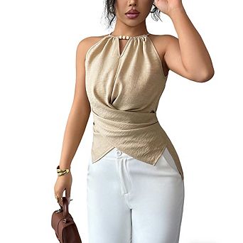 Women's Halter Neck Sleeveless Top with Beaded Detail Wrap Front Asymmetric Hem Blouse