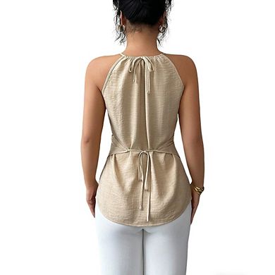 Women's Halter Neck Sleeveless Top with Beaded Detail Wrap Front Asymmetric Hem Blouse