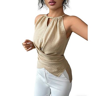 Women's Halter Neck Sleeveless Top with Beaded Detail Wrap Front Asymmetric Hem Blouse