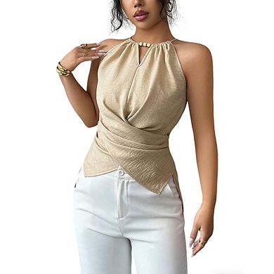 Women's Halter Neck Sleeveless Top with Beaded Detail Wrap Front Asymmetric Hem Blouse
