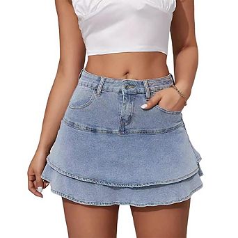 Women's Tiered Denim Mini Skirt High Waisted Double Layer Ruffle Hem with Pockets