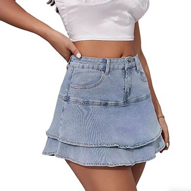 Women's Tiered Denim Mini Skirt High Waisted Double Layer Ruffle Hem with Pockets