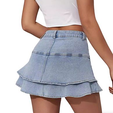 Women's Tiered Denim Mini Skirt High Waisted Double Layer Ruffle Hem with Pockets