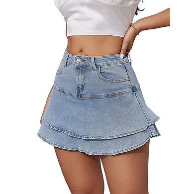 Women's Tiered Denim Mini Skirt High Waisted Double Layer Ruffle Hem with Pockets