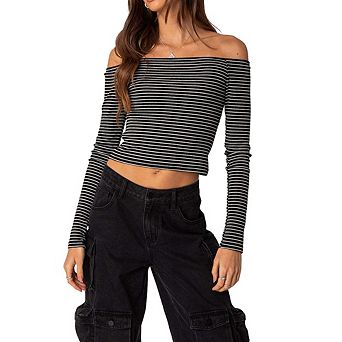 Women's Striped Off-the-Shoulder Top Long Sleeve Form-Fitting Cropped Ribbed Blouse