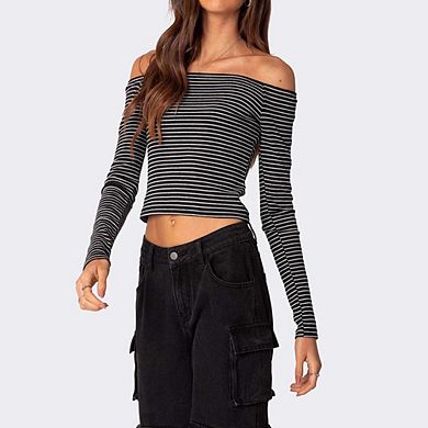 Women's Striped Off-the-Shoulder Top Long Sleeve Form-Fitting Cropped Ribbed Blouse