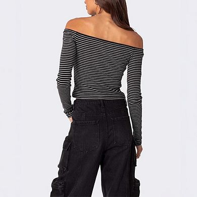 Women's Striped Off-the-Shoulder Top Long Sleeve Form-Fitting Cropped Ribbed Blouse