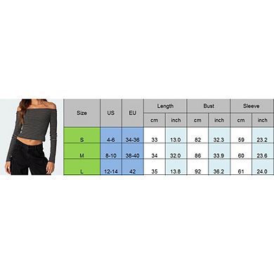 Women's Striped Off-the-Shoulder Top Long Sleeve Form-Fitting Cropped Ribbed Blouse