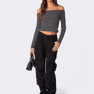 Women's Striped Off-the-Shoulder Top Long Sleeve Form-Fitting Cropped Ribbed Blouse