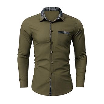 Men's Casual Long Sleeve Button Down Shirt Plaid Trim Chest Pocket Daily Office Business Wear Top