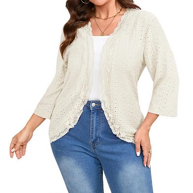 Women's Plus Size 3/4 Sleeve Open Front Cardigan Lace Hem Hollowed Lightweight Cardigans Sweater
