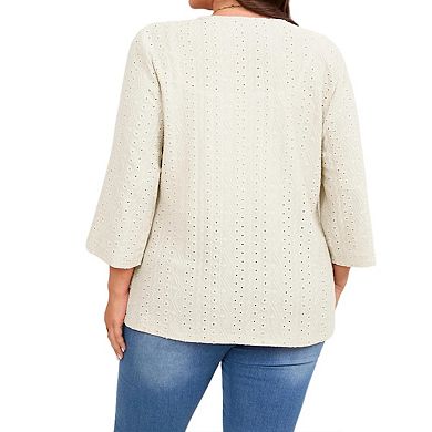 Women's Plus Size 3/4 Sleeve Open Front Cardigan Lace Hem Hollowed Lightweight Cardigans Sweater
