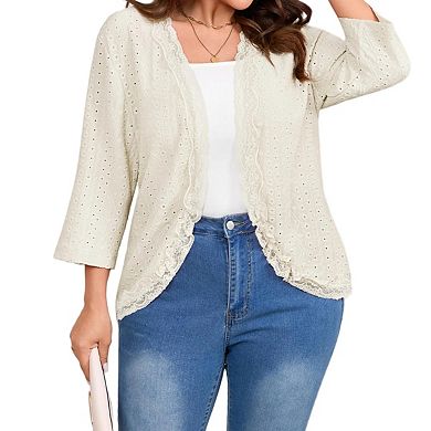 Women's Plus Size 3/4 Sleeve Open Front Cardigan Lace Hem Hollowed Lightweight Cardigans Sweater