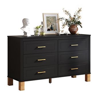 6 Drawer Double Wooden Dresser With Metal Handles For Kids Indoor Storage Spaces