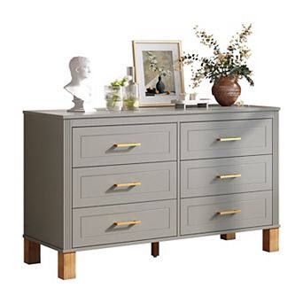 6 Drawer Double Wooden Dresser With Metal Handles For Kids Indoor Storage Spaces
