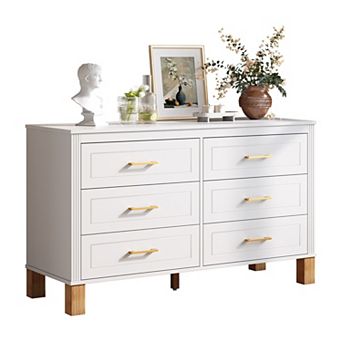 6 Drawer Double Wooden Dresser With Metal Handles For Kids Indoor Storage Spaces