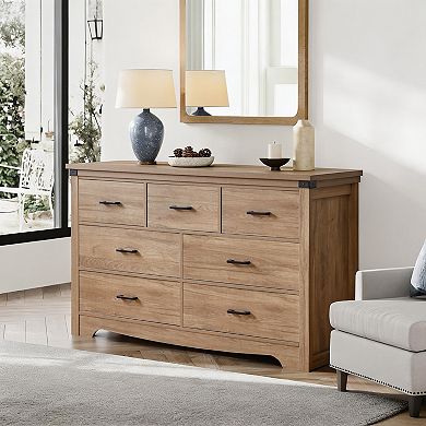 7 Drawer Rustic Wooden Chest With Metal Handles For Hallway And Entryway Storage
