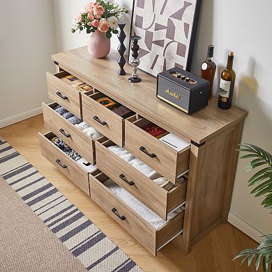7 Drawer Rustic Wooden Chest With Metal Handles For Hallway And Entryway Storage